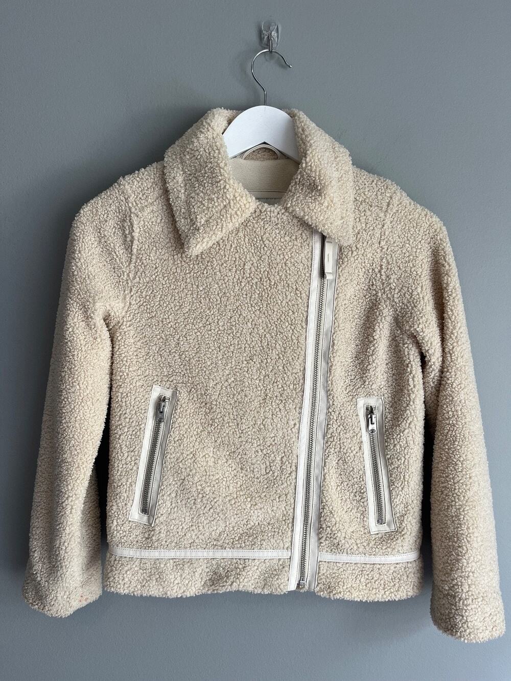 Abercrombie Kids Sherpa Jacket Girls 9/10 Ivory Faux Fur Zip Front Coat